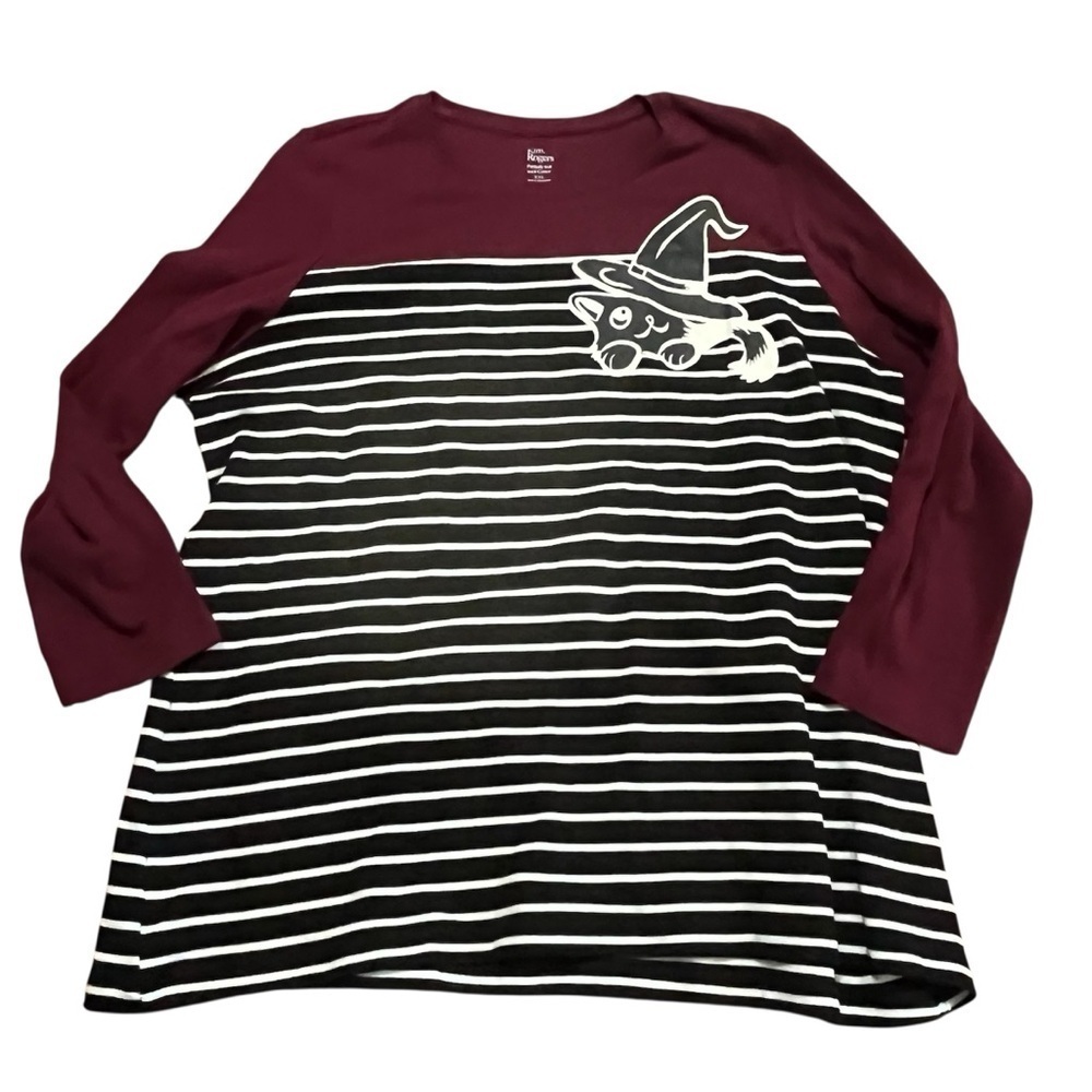 Adorable Striped Witch Cat Long Sleeve Tee Maroon and Black Size XXL Halloween